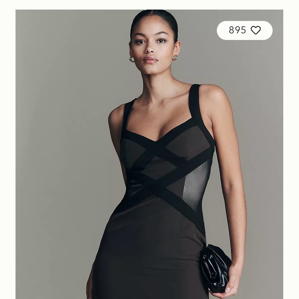 Anthropologie Sleek Black Sheer Panel Bodycon Midi Dress NWT Large